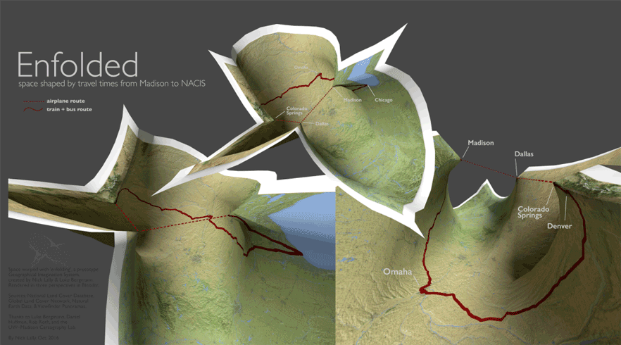 Enfolded: space shaped by travel times from Madison to NACIS, a map made with enfolding