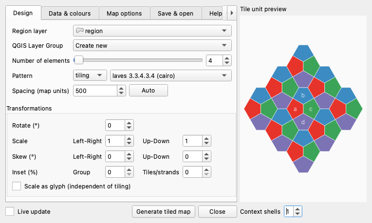 The plugin dialog, showing the design tab and a preview of the tile unit