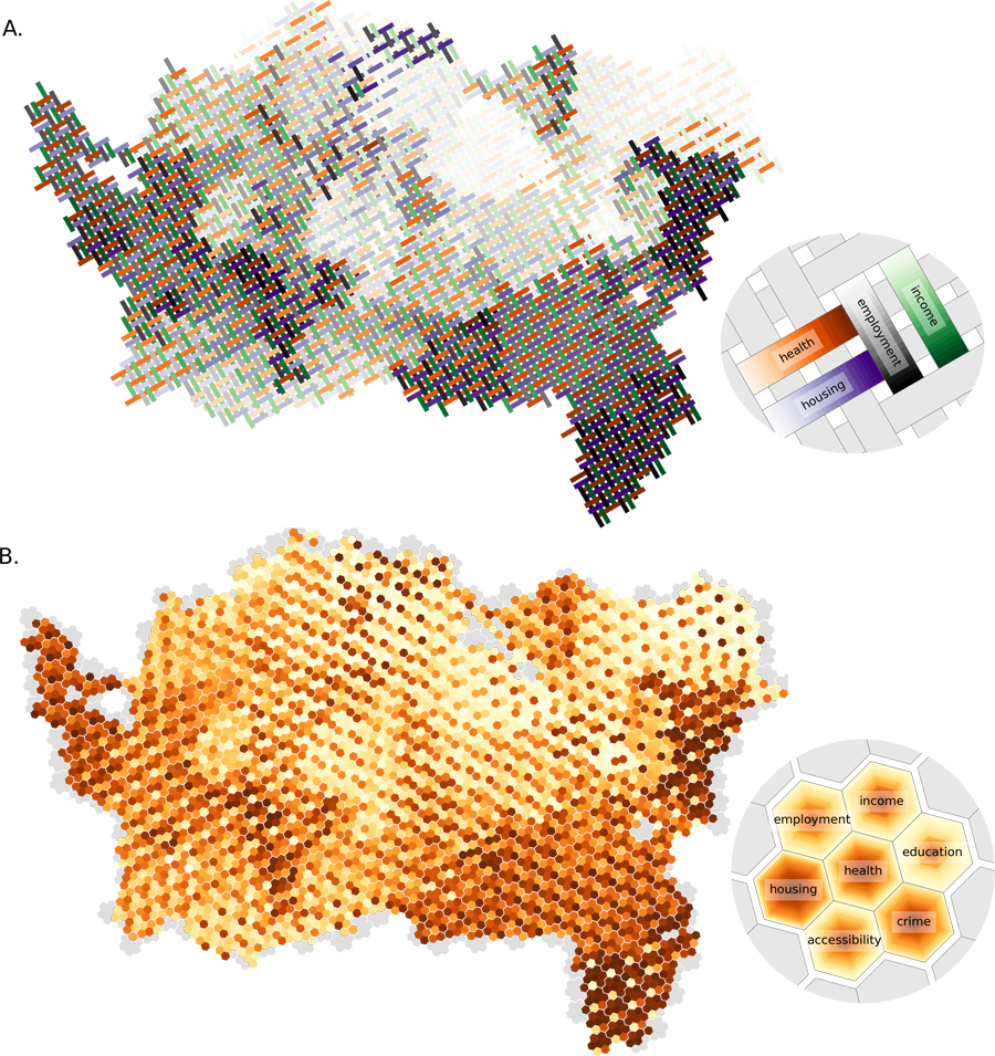 Four deprivation indices in a basket weave and seven in a hexagon seven-colouring, both over central Auckland
