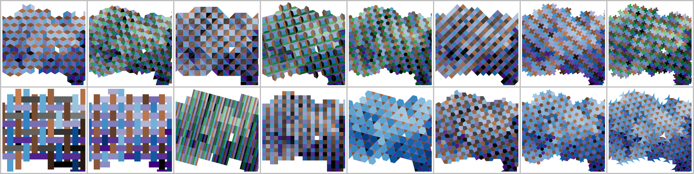 Sixteen tiling and weave families, each mapping the same five Auckland deprivation indices over the same areas